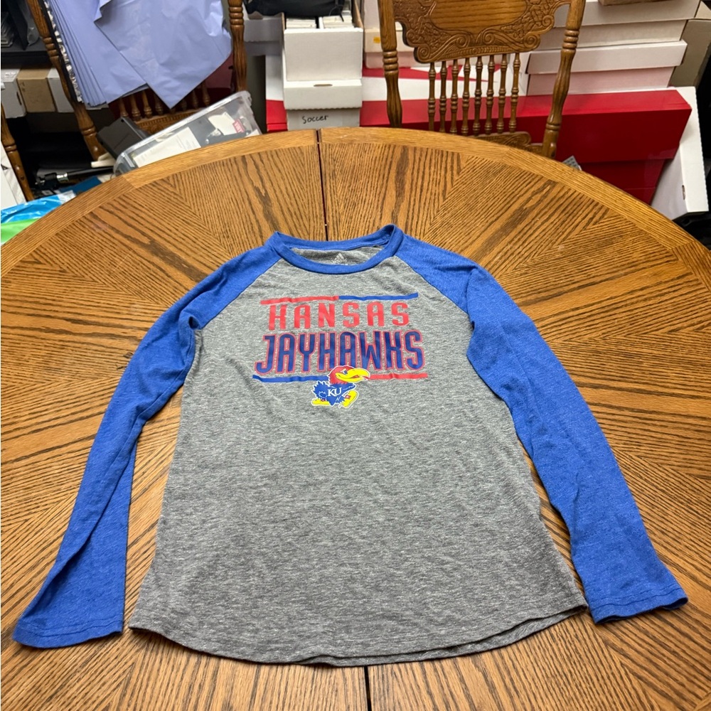 adidas KU Jayhawks  Kids Long Sleeve Tee - Blue and Gray